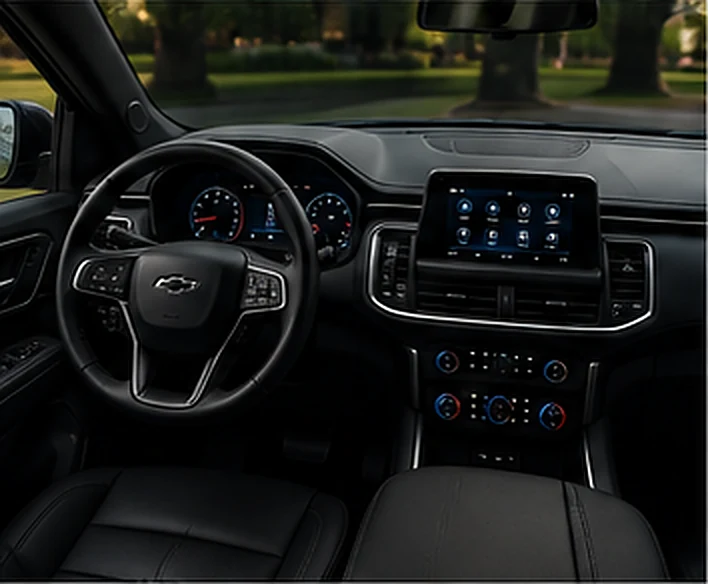 Front cabin and dashboard of the Suburban, finished in black