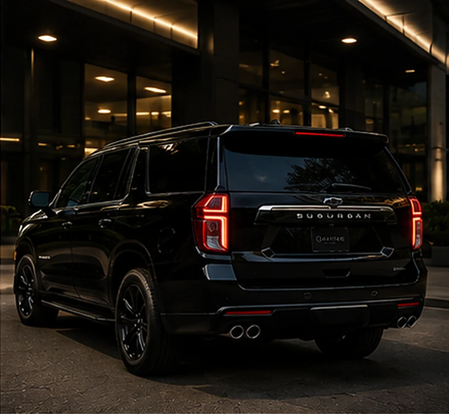 Black Chevrolet Suburban seen from the rear at a three-quarter angle