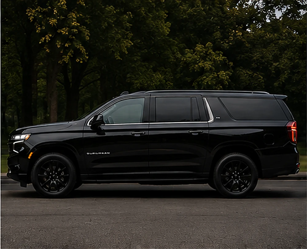 Black Chevrolet Suburban seen in full side profile