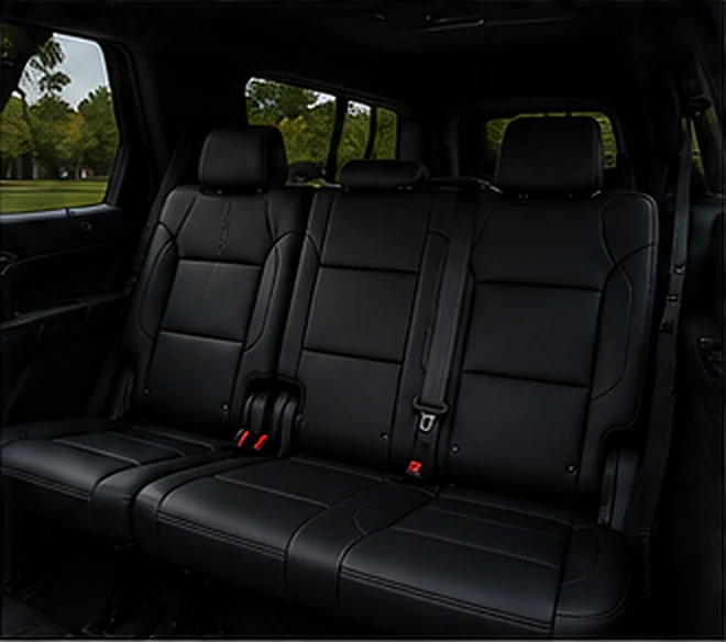 Third-row seats of the Suburban, finished in black